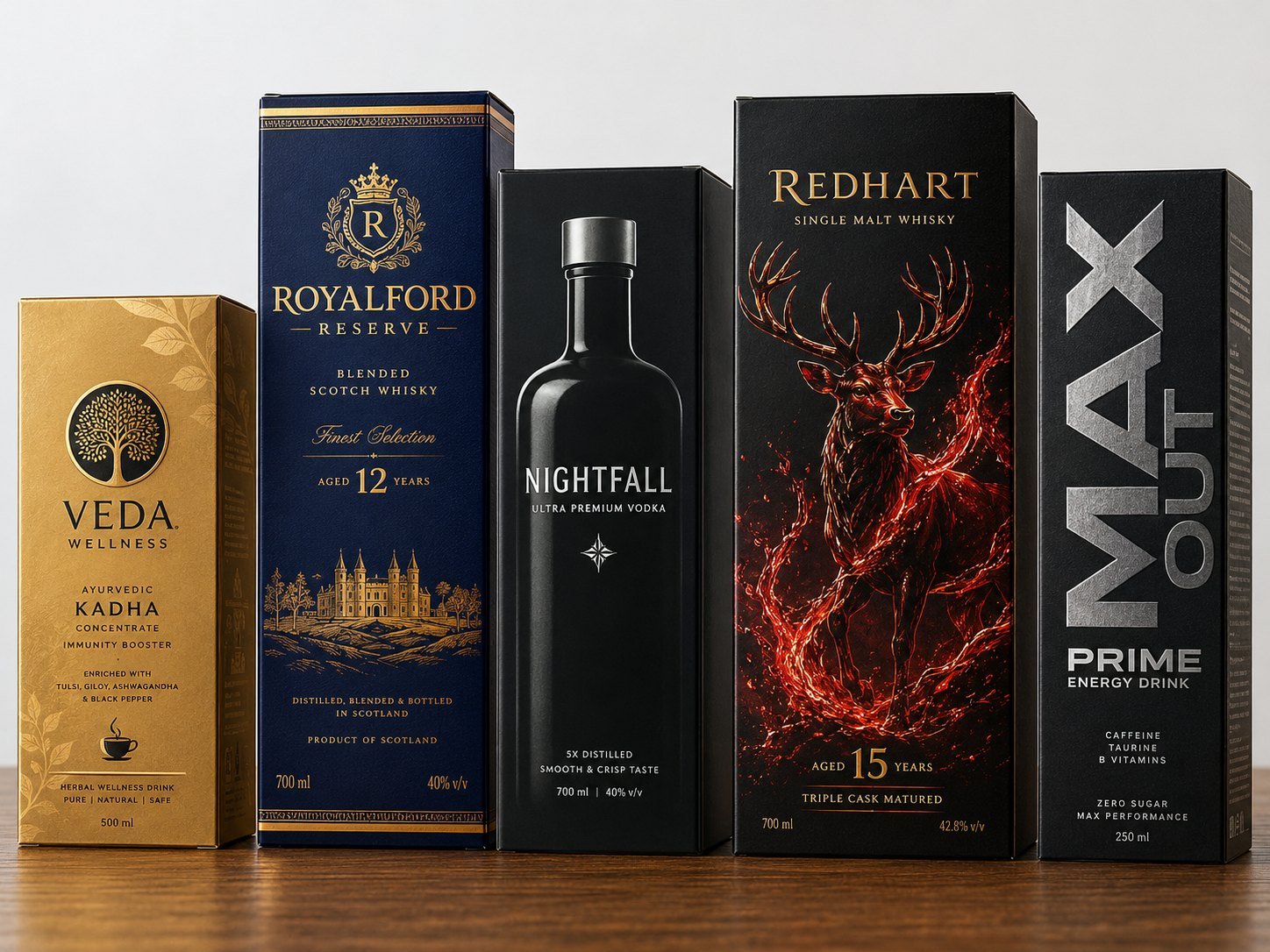 Premium pack concepts — whisky, vodka, wellness and energy drink cartons